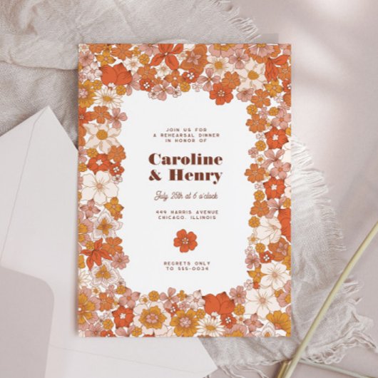 Groovy Retro Pink Oranje Floral Rehearsal Dinner Kaart