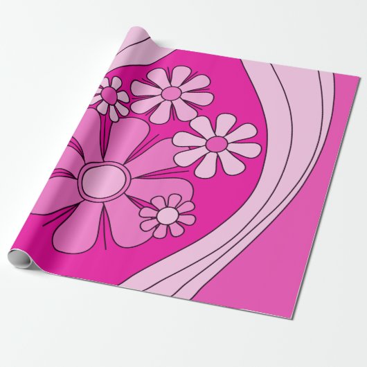 Groovy Retro Preppy Hot Pink  Bloemen Cadeaupapier (Uitgerold)