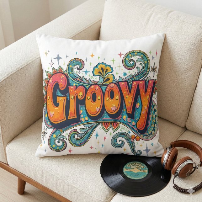 Groovy Retro Psychedelic 70s Funky Hippie Art Kussen (Groovy Retro Psychedelic 70s Funky Hippie Art Throw Pillow Mockup A)