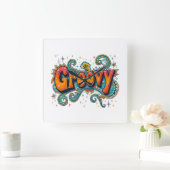 Groovy Retro Psychedelic 70s Funky Hippie Art Vierkante Klok (Huis)