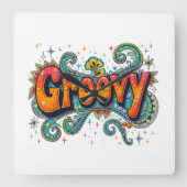 Groovy Retro Psychedelic 70s Funky Hippie Art Vierkante Klok (Voorkant)