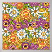 Groovy Retro Psychedelic Flower Garden Pattern Poster (Voorkant)