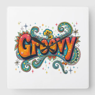 Groovy Retro Psychedelische 70s Funky Hippie Kunst Vierkante Klok