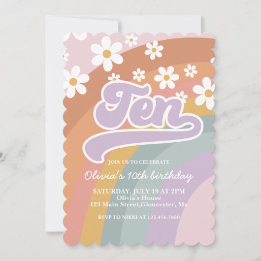 Groovy Retro Rainbow 10th Birthday Invitation Kaart (Voorkant)