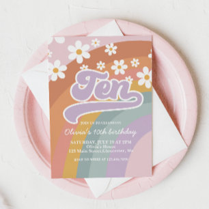 Groovy Retro Rainbow 10th Birthday Invitation Kaart