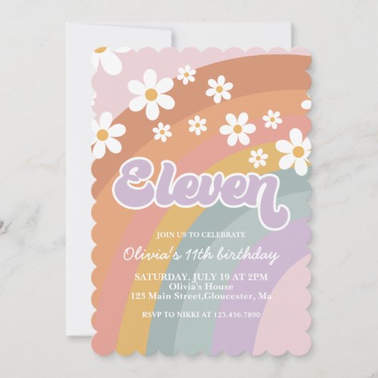 Groovy Retro Rainbow Eleventh Birthday Uitnodiging (Voorkant)