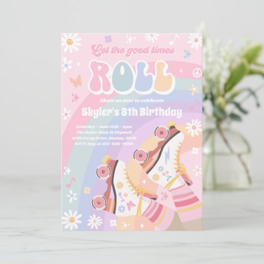 Groovy Retro Rainbow Roller Skateday Party Kaart (Staand voorkant)