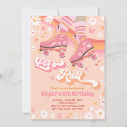 Groovy Retro Rainbow Roller Skateday Party Kaart (Voorkant)