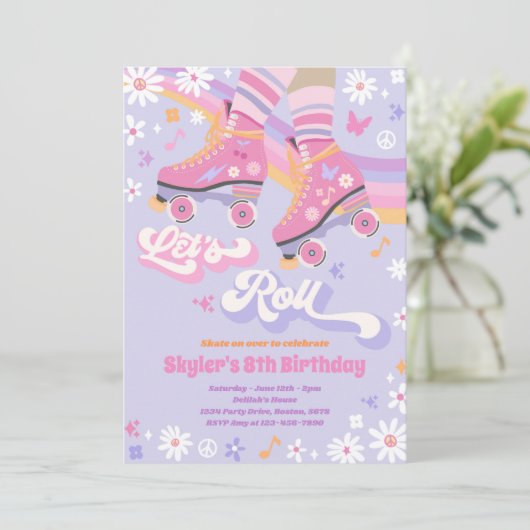 Groovy Retro Rainbow Roller Skateday Party Kaart (Staand voorkant)