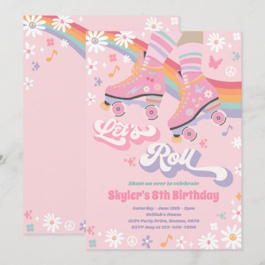 Groovy Retro Rainbow Roller Skateday Party Kaart (Voorkant / Achterkant)