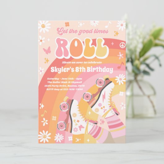 Groovy Retro Rainbow Roller Skateday Party Kaart (Staand voorkant)