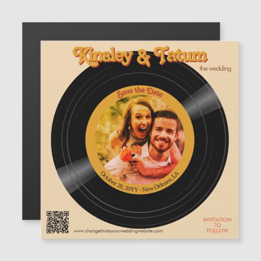 Groovy Retro Record Fotomagneet Bewaar de datum QR (Voorkant / Achterkant)