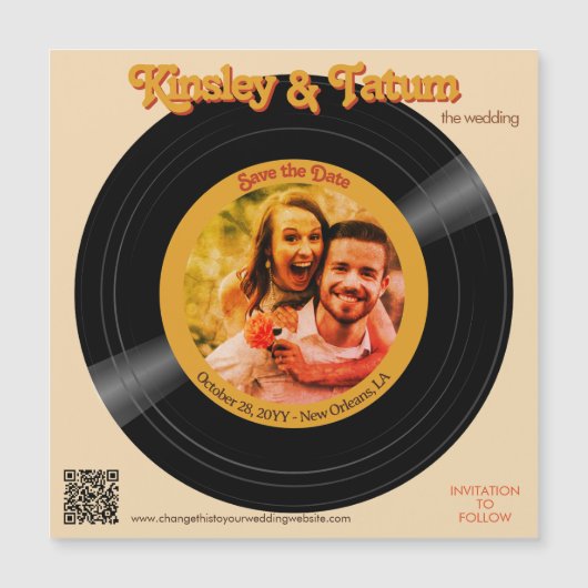 Groovy Retro Record Fotomagneet Bewaar de datum QR (Voorkant)