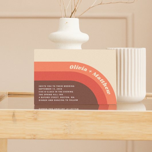 Groovy retro  regenboog 70s bruiloft + QR code Kaart