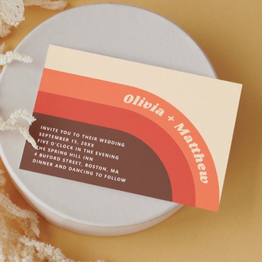 Groovy retro regenboog 70s bruiloft + QR code Kaart