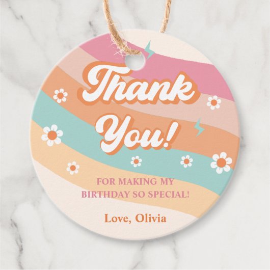 Groovy Retro Regenboog Dank je Verjaardagsfeest Bedankjes Labels (Voorkant)