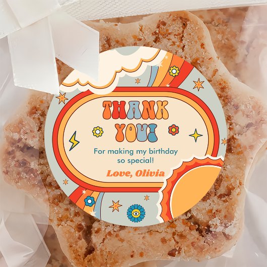 Groovy Retro Regenboog Dank je Verjaardagsfeest Ronde Sticker