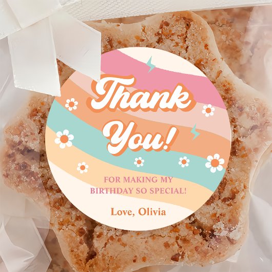 Groovy Retro Regenboog Dank je Verjaardagsfeest Ronde Sticker