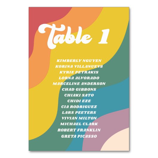 Groovy Retro Regenboog Tafelnummer Gastnamen Kaart (Achterkant)