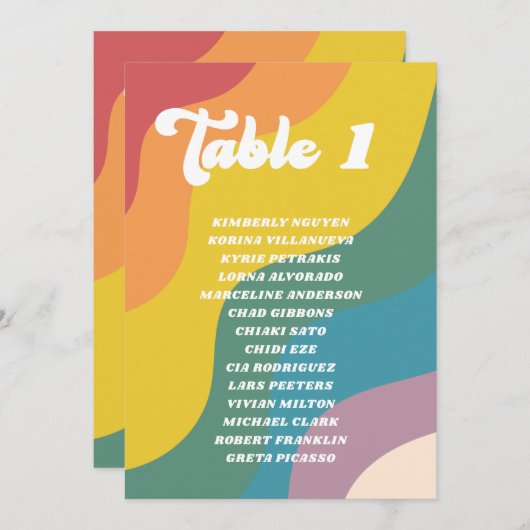 Groovy Retro Regenboog Tafelnummer Gastnamen Kaart (Voorkant / Achterkant)