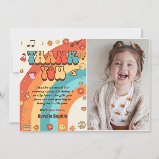 Groovy Retro Regenboog Verjaardag Foto Bedankkaart (Voorkant)