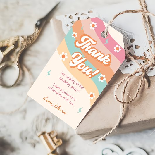 Groovy Retro Regenboog Verjaardagsfeest Cadeaulabel