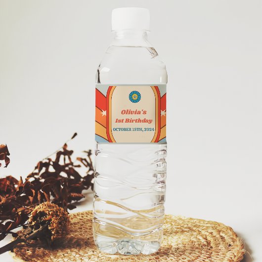 Groovy Retro Regenboog Verjaardagsfeest Waterfles Etiket