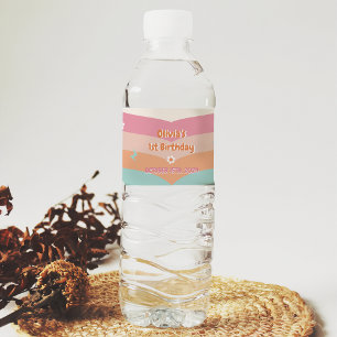 Groovy Retro Regenboog Verjaardagsfeest Waterfles Etiket