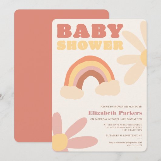 Groovy retro regenboogbloemen boho baby shower kaart (Voorkant / Achterkant)