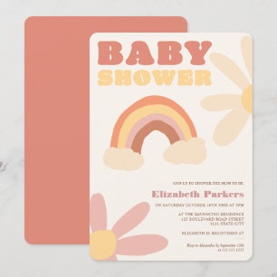 Groovy retro regenboogbloemen boho baby shower kaart