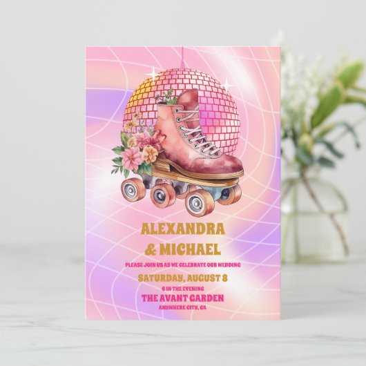 Groovy Retro Rolschaatsen Bruiloft Kaart (Staand voorkant)