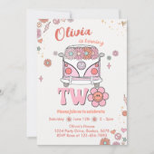 Groovy Retro Roze Bloemen 2e Verjaardag Uitnodigin Kaart (Voorkant)