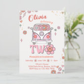 Groovy Retro Roze Bloemen 2e Verjaardag Uitnodigin Kaart (Staand voorkant)