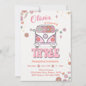 Groovy Retro Roze Bloemen 3e Verjaardag uitnodigin Kaart (Voorkant)