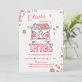 Groovy Retro Roze Bloemen 3e Verjaardag uitnodigin Kaart (Staand voorkant)