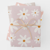 Groovy Retro Roze Bruin Daisy Floral Inpakpapier Vel (In situ)