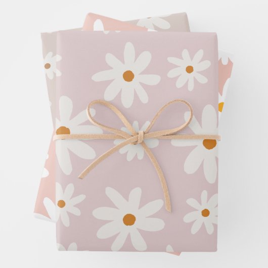 Groovy Retro Roze Bruin Daisy Floral Inpakpapier Vel (In situ)