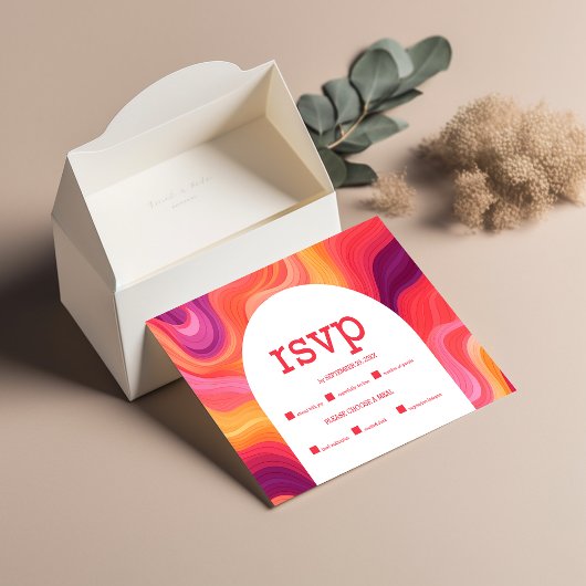 Groovy Retro Roze en Oranje Boog Bruiloft RSVP Kaartje