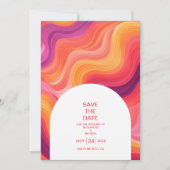 Groovy Retro Roze en Sinaasappel Boog Bruiloft Save The Date (Voorkant)