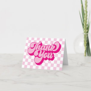 Groovy Retro Roze en Witte Ruit 1e Verjaardag Bedankkaart