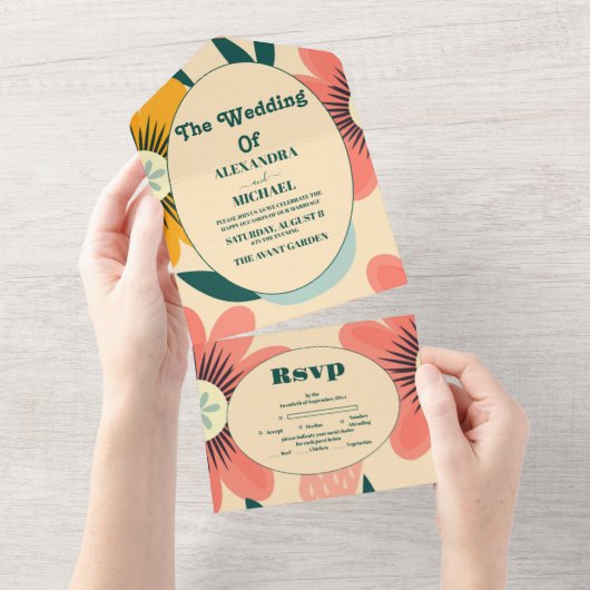 Groovy Retro Roze & Gouden Bruiloft All In One Uitnodiging (Afscheurbaar)