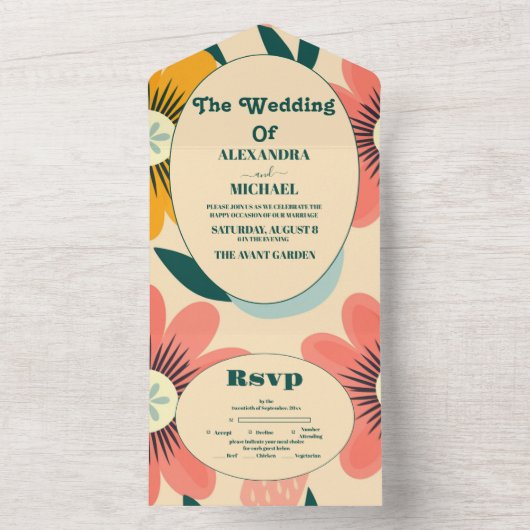 Groovy Retro Roze & Gouden Bruiloft All In One Uitnodiging (Binnen)