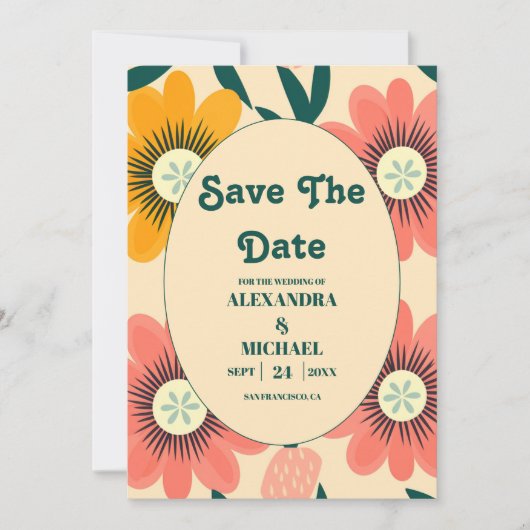Groovy Retro Roze & Gouden Bruiloft Save The Date (Voorkant)