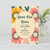 Groovy Retro Roze & Gouden Bruiloft Save The Date (Staand voorkant)