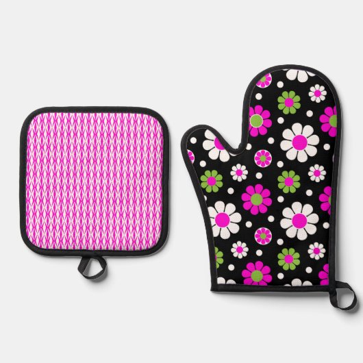 GROOVY RETRO ROZE GROENE WITTE DAISY BLOEMEN OVENWANT & PANNENLAP SET (Voorkant)