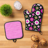 GROOVY RETRO ROZE GROENE WITTE DAISY BLOEMEN OVENWANT & PANNENLAP SET (Top down)