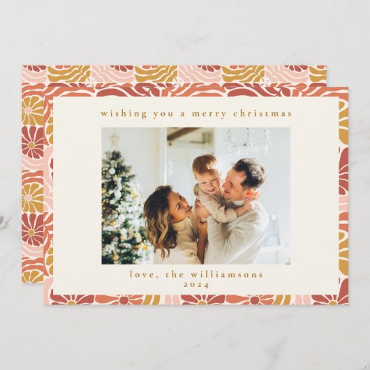 Groovy Retro Roze Roest Bloemen Schattigee Kerstfo Feestdagenkaart (Voorkant / Achterkant)