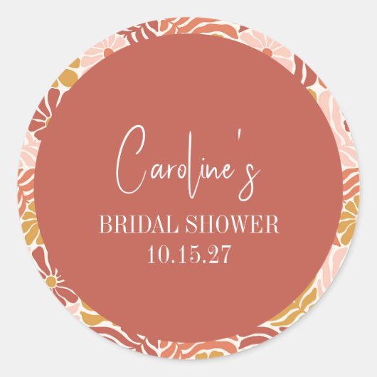 Groovy Retro Roze Roest Bloemstuk Aangepaste Bruid Ronde Sticker (Voorkant)