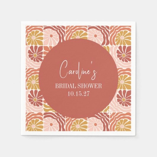 Groovy Retro Roze Roest Bloemstuk Aangepaste Bruil Servet (Voorkant)