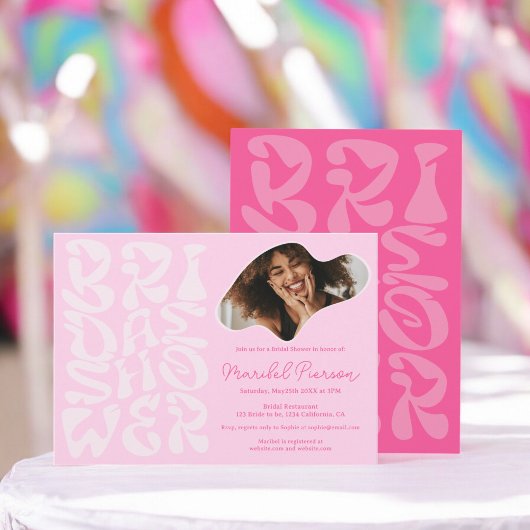 Groovy retro Script chic Roze Foto vrijgezellenfee Kaart
